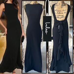 Lulus Exquisite Refinement Black Backless Bow Ruffled Maxi Dress Size L